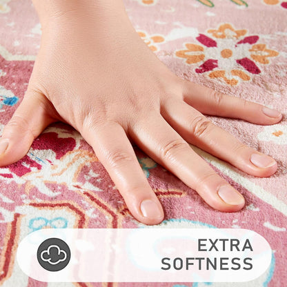 Washable Pink Rugs Boho Vintage Tropical Jungle 9x12 Area Rugs Tribal Oriental Carpet for Bedroom Kitchen Dining Living Room Office Distressed Indoor Cute Nursery Rug