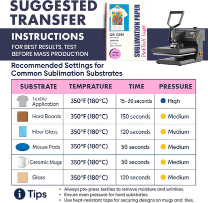Hayes PinkTech Sublimation Paper 8.5x11 Inch 110 Sheets 125gsm for Inkjet Printer Epson Canon Sawgrass Heat Transfer Paper Works with Sublimation Ink for T-Shirts Mugs Tumblers Sublimation Blanks