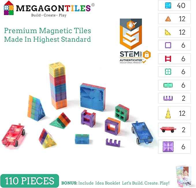 110PCS Premium Magnetic Tiles Set | STEM-Authenticated Magnetic Building Blocks | Educational Construction Toy for Kids Ages 3–8 (Boys & Girls)
