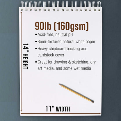 U.S. Art Supply 11”x14 Premium Heavy-Weight Paper Spiral Bound Sketch Book: 90 Pound (160gsm), 30-Sheet Drawing Pad (2 Pack) - Crafty Corner