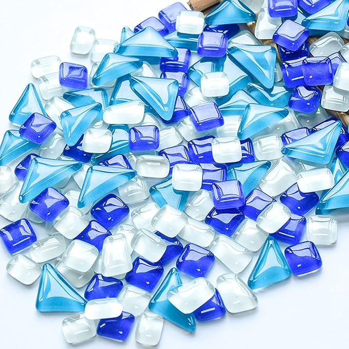 200g Glass Square Triangle Rectangle Mosaic Tiles for Crafts, Colorful Stained Glass Pieces for Mosaic Projects, Irregular Size (Blue White Mix)
