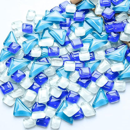 200g Glass Square Triangle Rectangle Mosaic Tiles for Crafts, Colorful Stained Glass Pieces for Mosaic Projects, Irregular Size (Blue White Mix)