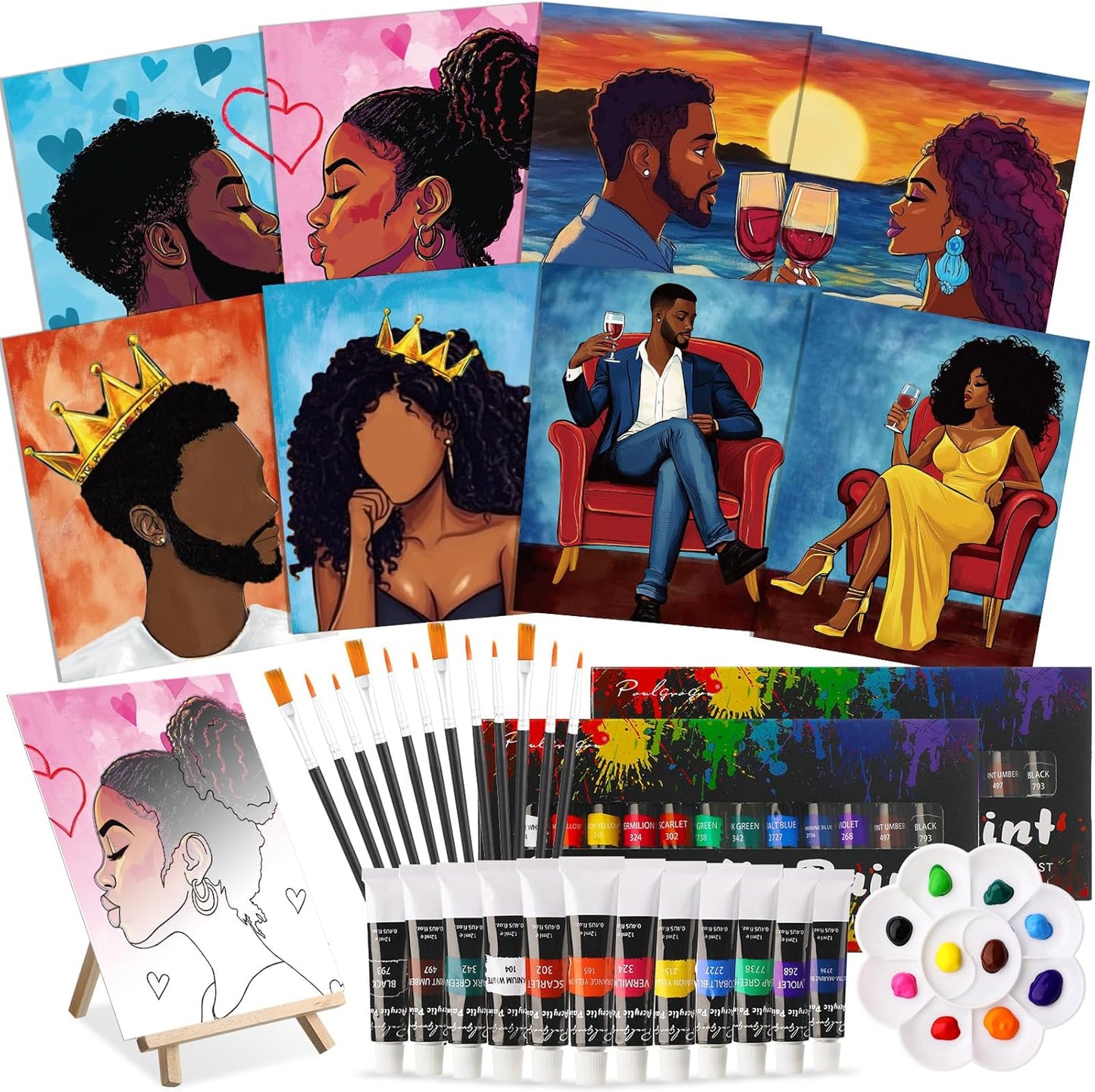 Cholemy 36 Pcs Paint and Sip Kit for Adults 8''x10'' Pre Drawn Canvas for Painting DIY Afro Acrylic Painting Kit Wood Easel Brushes Date Night Bulk for Christmas Party Gifts(Couple) - Crafty Corner