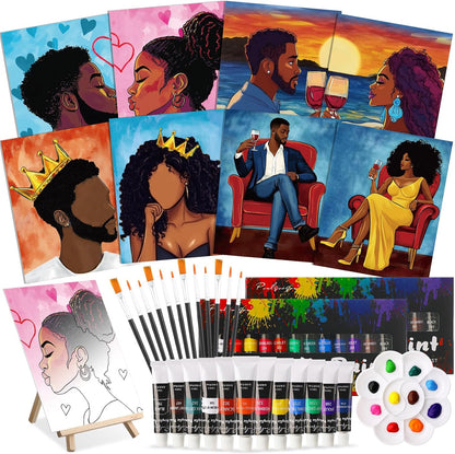Cholemy 36 Pcs Paint and Sip Kit for Adults 8''x10'' Pre Drawn Canvas for Painting DIY Afro Acrylic Painting Kit Wood Easel Brushes Date Night Bulk for Christmas Party Gifts(Couple) - Crafty Corner
