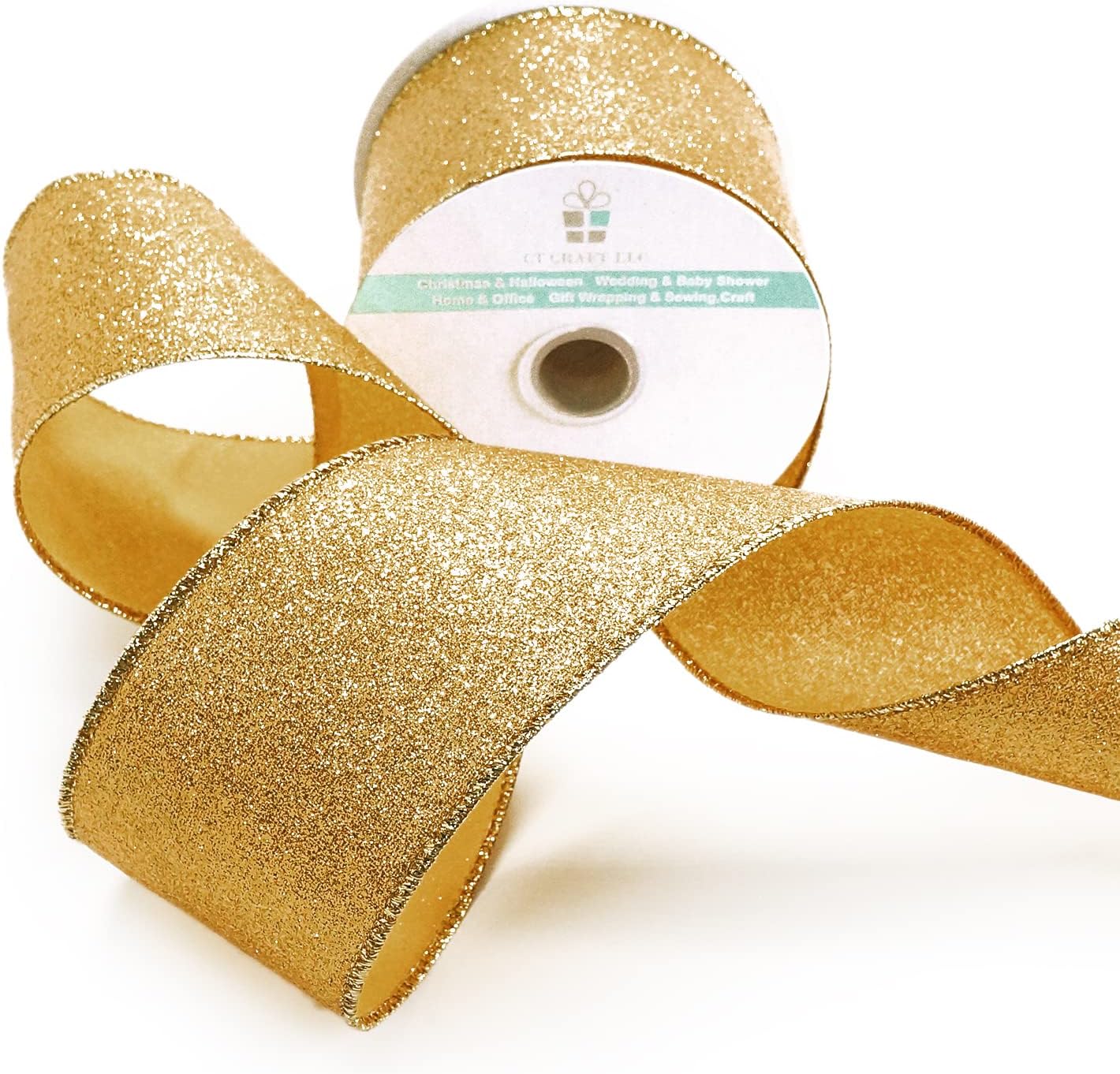 CT CRAFT LLC Glitter Wired Ribbon 2.5" x 10 Yards Yellow Gold for Christmas Home Decor Bow Gift Wrapping DIY Crafts Wreath - Crafty Corner