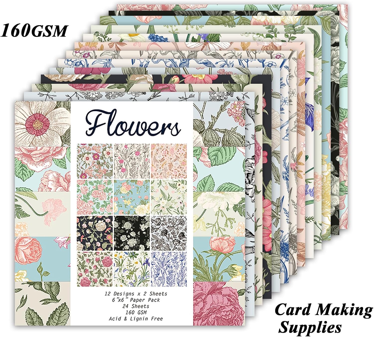 24 Sheets 12 Designs Scrapbook Paper Pad,6"×6” Single-Sided Decopodge Craft Cardstock Paper, Christmas Scrapbooking DIY Decorative Background Cardmaking Supplies.Flowers - Crafty Corner