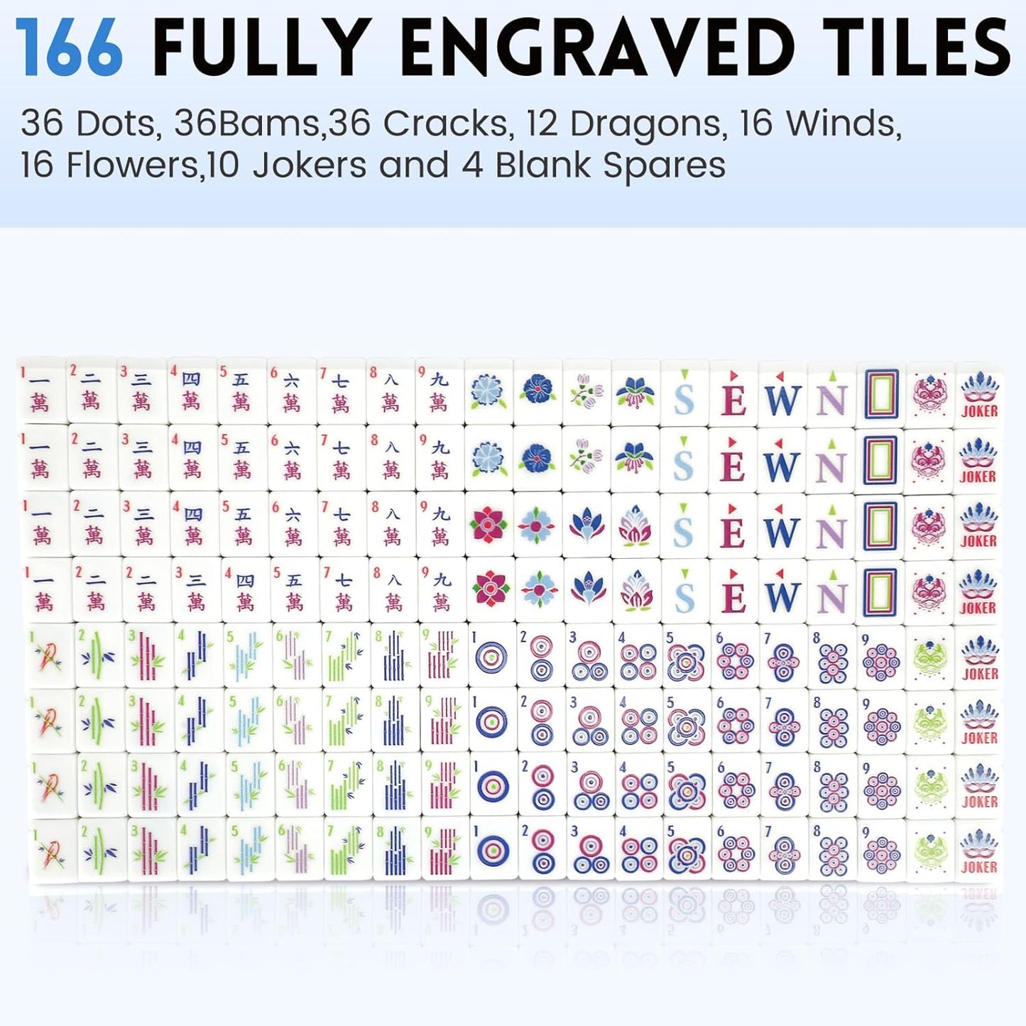 American Mahjong Tile Set,166 Tiles White Blue Melamine Tiles,Mahjong Game Set with Portable Travel case