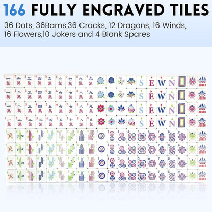 American Mahjong Tile Set,166 Tiles White Blue Melamine Tiles,Mahjong Game Set with Portable Travel case