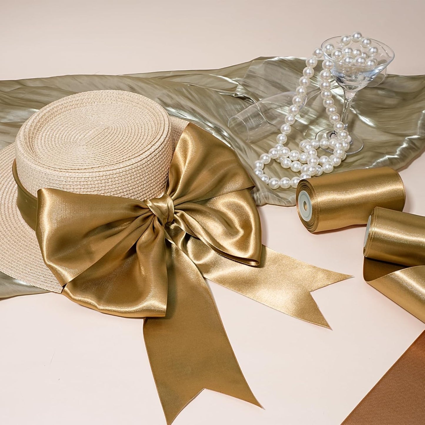 LaRibbons Pale Gold Satin Ribbon 3 Inch 10 Yards Double Faced Luxury Pale Gold Silk Ribbon for Gift Wrapping Flower Bouquets Bow Christmas Wedding Party Decoration - Crafty Corner