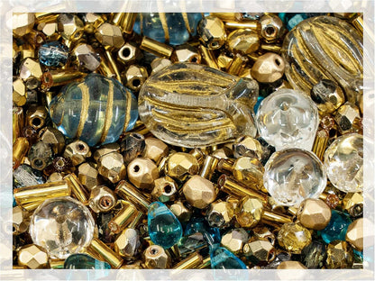2.1oz (60 g) Mix of Unique Czech Bohemia Glass Pressed Beads, Rocailles, Aztec Pale Gold Crystal, Matte and Glossy, Hand Made BCV