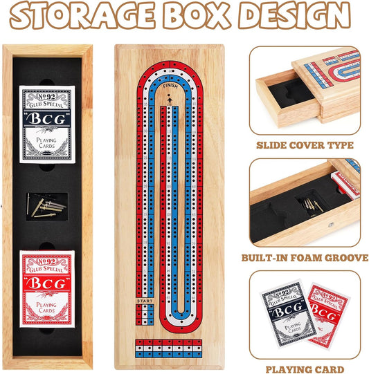 Wooden Cribbage Board Game Set with Storage Drawer & Metal Pegs – Premium 3-Track Cribbage Board with Cards, Portable Travel Strategy Game for Adults, Kids & Family Game Night