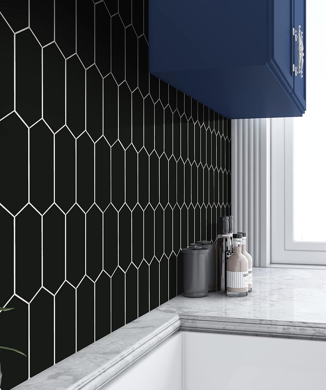 SUNWINGS Backsplash Tile for Kitchen Peel and Stick, Stone Composite Self Adhesive Tiles Long Hexagon Mosaic Wall Tile for Kitchen, 12 Inch x 11.22 Inch 10 Sheets Black Matte