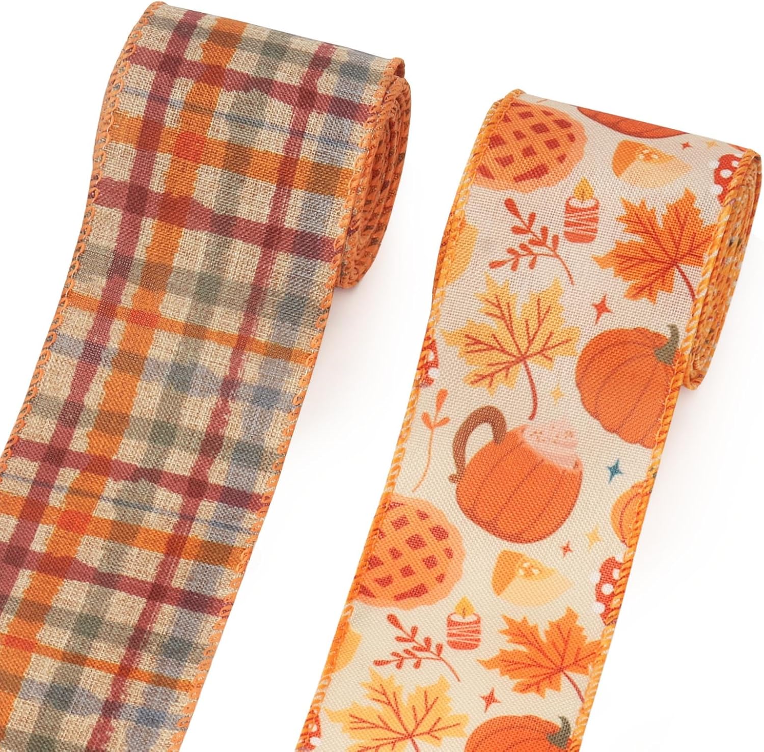2 Rolls Fall Pumpkins Ribbons for Bows, Thanksgiving Wired Edge Ribbon Autumn Maple Leaf Burlap Ribbons for Gift Wrapping Fall Thanksgiving Decoration Supplies - Crafty Corner