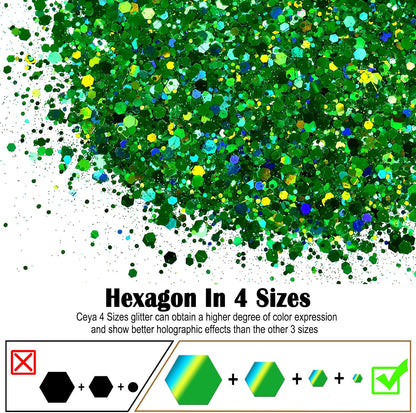 Ceya Holographic Chunky Glitter, 4.9oz/ 140g Green Craft Glitter Powder Mixed Chunky & Fine Flakes Iridescent Nail Sequins for St Patricks Day Party Decor, Epoxy Resin, Tumblers, Slime, Painting