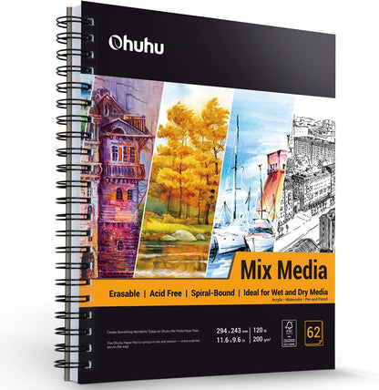 Mix Media Pad, Ohuhu Mixed Media Art Sketchbook, 120 LB/200 GSM Heavyweight Papers, 62 Sheets/124 Pages, Spiral Bound Mixed Media Paper Pad for Christmas Gift - Crafty Corner