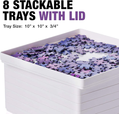 Tidyboss 8 Puzzle Sorting Trays with Lid 10" x 10" - Portable Jigsaw Puzzle Accessories White Background Makes Pieces Stand Out Sort Patterns, Shapes and Colors | for Puzzles Up to 1500-2000 Pieces