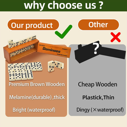 Dominos Set for Adults, Jumbo Size Double 6 Dominoes Set, Classic Board Game for Adults and Elderly, Double Six Thick Size Domino with Spinner 28 Tiles in Exclusive Brown Wooden Box.