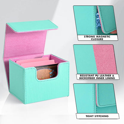 ZLCA Card Deck Box for Trading Cards, MTG Commander Deck Box Holds 120+ Single Sleeved Cards, Leather Magnetic Card Storage Case Fits for TCG CCG (Turquois& Pink)
