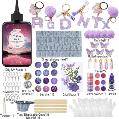 YV-cozx UV Resin Jewelry Making Kit,Crystal Clear Resin with 26 Letter Molds and Casting Tools,DIY Jewelry Making Kit for Necklace,Keychain,Earring (Purple Letter)