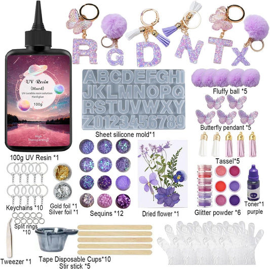 YV-cozx UV Resin Jewelry Making Kit,Crystal Clear Resin with 26 Letter Molds and Casting Tools,DIY Jewelry Making Kit for Necklace,Keychain,Earring (Purple Letter)