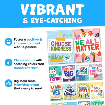 Motivational Posters for Classroom - 14pcs Positive Inspirational Posters for Classroom - Elementary Middle School High School - Positive Affirmation Wall Decor - Motivational Bulletin Board Decorations