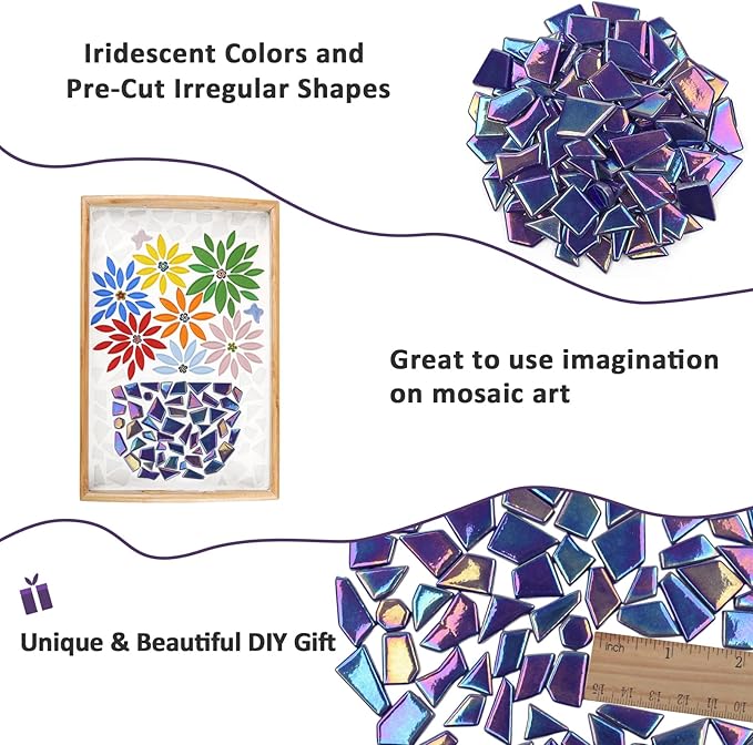 Youway Style Iridescent Cobalt Blue Glass Mosaic Tiles for Crafs Bulk,200g Broken Stained Glass Pieces for Crafts DIY Mosaic Art Decor