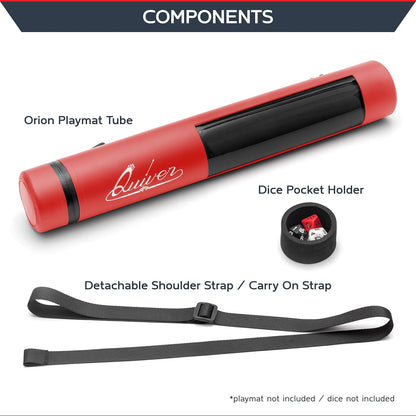 Quiver Time Red XL Orion Playmat Tube - TCG MtG Playmat Tube Case Bag with Waterproof Zipper, Hidden Dice Pocket, Adjustable Removable Shoulder Strap, See-Through Window, Fits 14" and 15" playmats