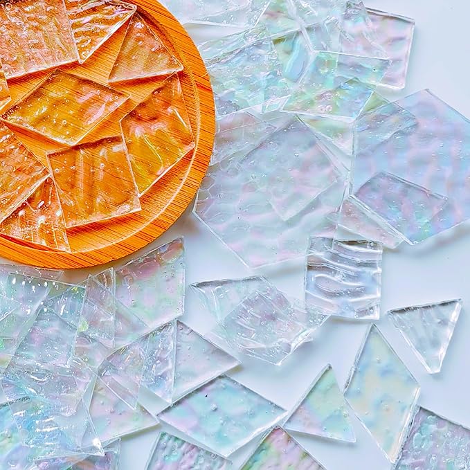 100 pcs Iridescent Glass Mosaic Tiles - 1 Inch Edge Length Mixed Shapes (Triangle, Diamond, Square, Hexagon) for DIY Crafts, Home Decor | Bulk Precut White Clear Pieces for Mosaic Art Kits