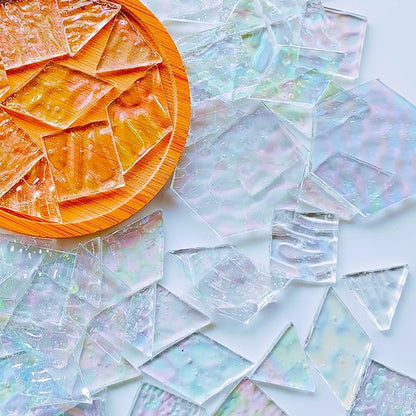 100 pcs Iridescent Glass Mosaic Tiles - 1 Inch Edge Length Mixed Shapes (Triangle, Diamond, Square, Hexagon) for DIY Crafts, Home Decor | Bulk Precut White Clear Pieces for Mosaic Art Kits