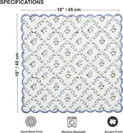 Ridhi Powder Blue Hand Block Print Napkins 18" x 18" Set of 4 Reusable Cotton Dinner Napkins for Weddings, Parties & Everyday Dining, Thanksgiving, Christmas, Fall