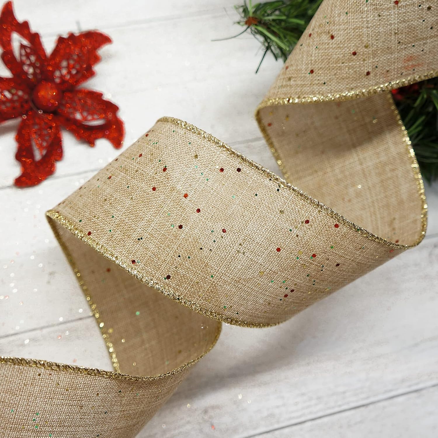 CT CRAFT LLC Tan Burlap Fabric Confetti Glitter Wired Ribbon 2.5" x 10 Yards Natural Color for Christmas Home Wedding Decor Gift Wrapping Tree Topper Bow Wreath Bouquet DIY Crafts - Crafty Corner