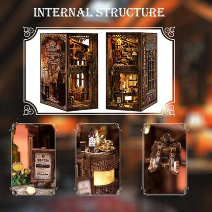 DIY Book Nook Kit 3D Puzzles for Adults Miniature House Kit Wooden Bookends Booknook Bookshelf Insert Decor with LED Lights Wood Crafts Gifts for Book Lovers - Serenity Coffee House