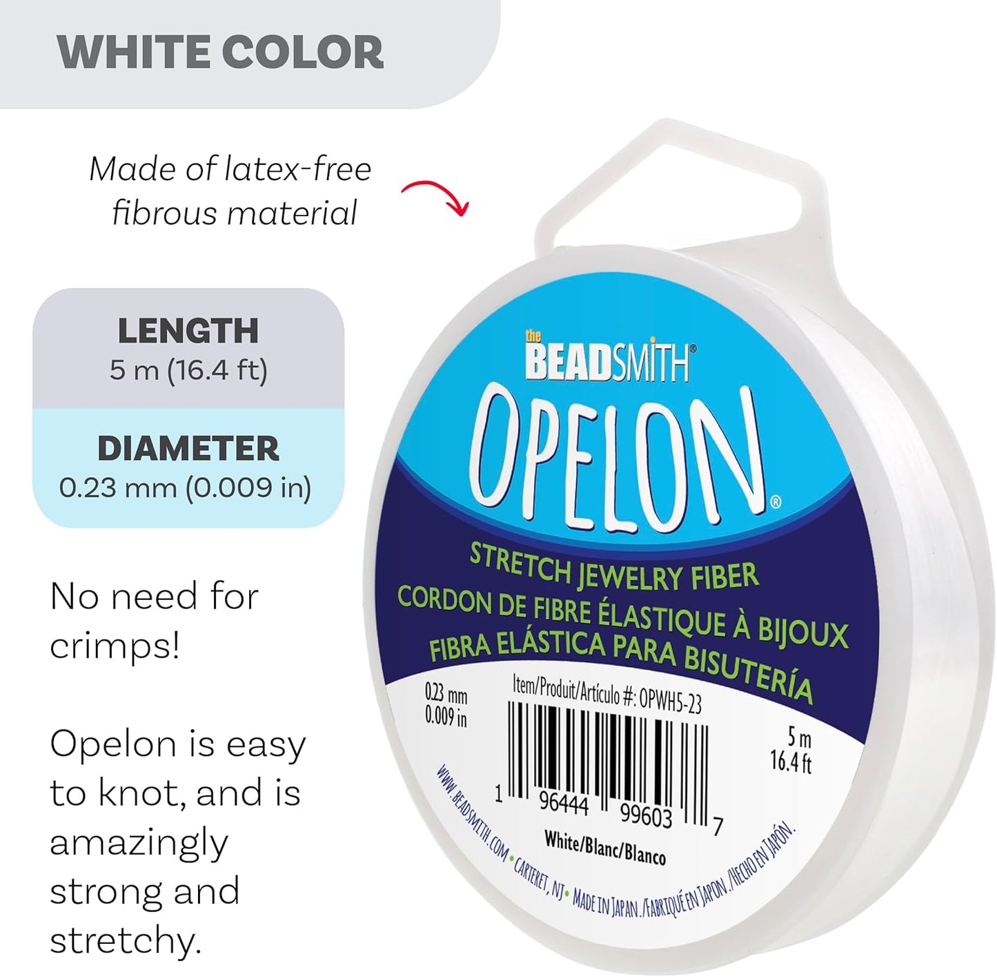 The Beadsmith Opelon Stretch Cord – Elastic Beading Fiber, White, 0.23 mm Diameter, 5 Meters (16.4 ft) Spool