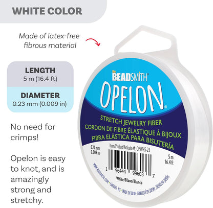 The Beadsmith Opelon Stretch Cord – Elastic Beading Fiber, White, 0.23 mm Diameter, 5 Meters (16.4 ft) Spool