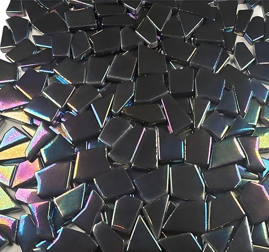 Irregular Glass Mosaic Tiles Bulk 500g Glossy and Iridescent Mosaic Glass Tiles for DIY Projects and Arts and Crafts Solid Colors and Mixes (Iridescent Black)