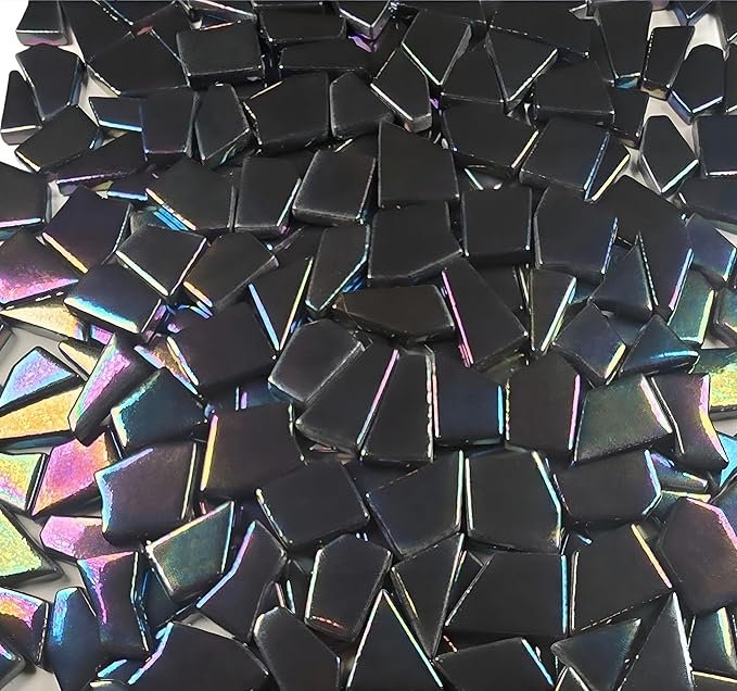 Irregular Glass Mosaic Tiles Bulk 500g Glossy and Iridescent Mosaic Glass Tiles for DIY Projects and Arts and Crafts Solid Colors and Mixes (Iridescent Black)