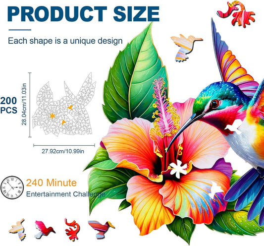 Wooden Jigsaw Puzzles for Adults and Kids, Hummingbird Blossom 200 Piece Unique Shaped Puzzle, Family Game and Creative Wooden Puzzle Gift, Wall Art Decor