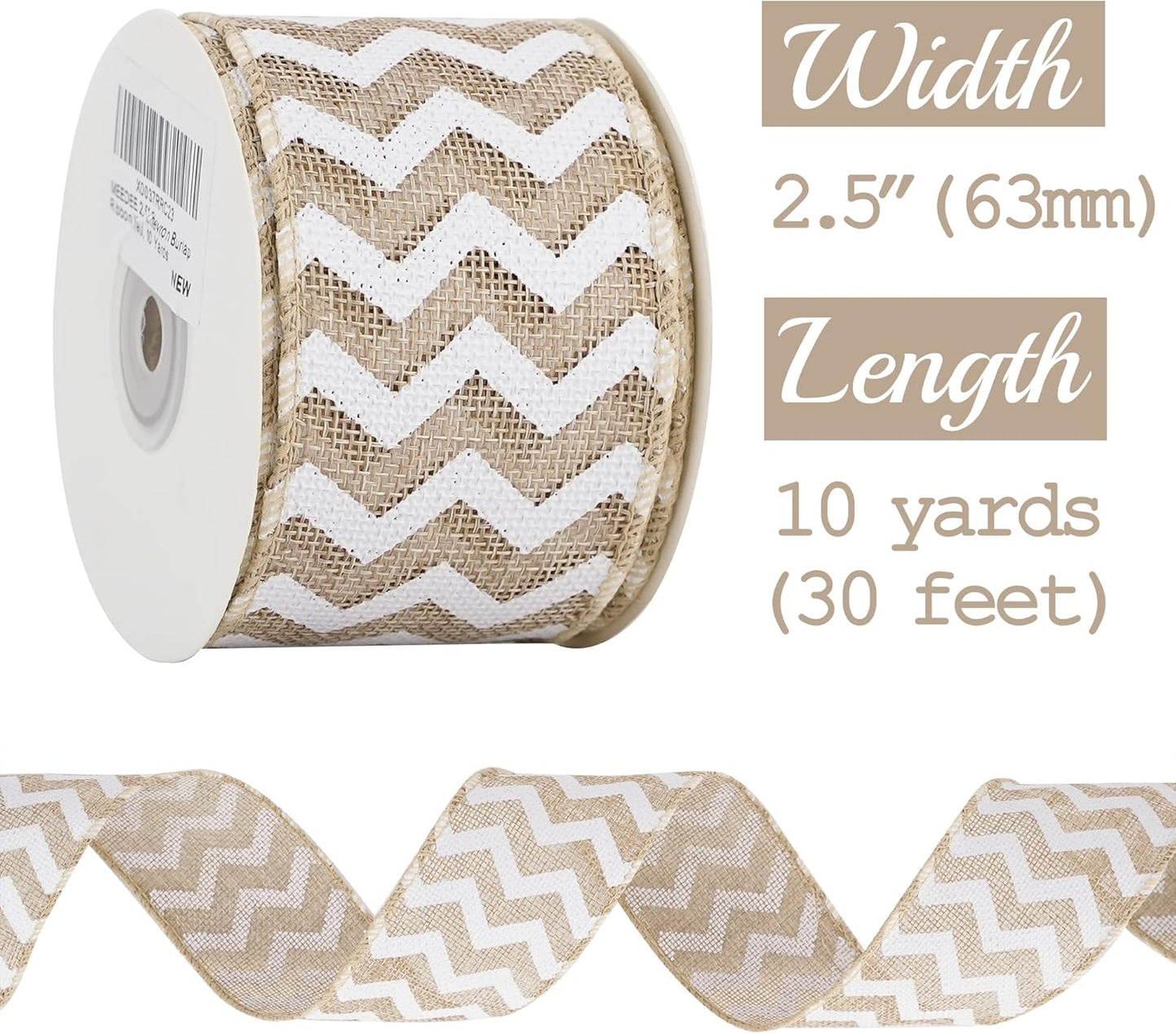 MEEDEE Burlap Ribbon with White Chevron Pattern - 2.5 Inch Wired Ribbon for Cakes, Wreaths, Rustic Decor, Baby Showers, Beach Parties, Farmhouse Gifts - 10 Yards - Crafty Corner