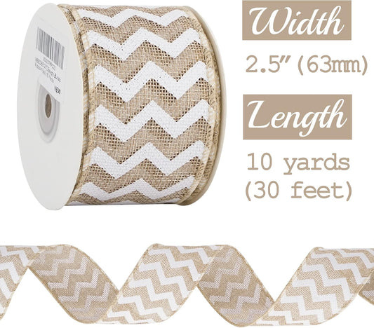 MEEDEE Burlap Ribbon with White Chevron Pattern - 2.5 Inch Wired Ribbon for Cakes, Wreaths, Rustic Decor, Baby Showers, Beach Parties, Farmhouse Gifts - 10 Yards - Crafty Corner