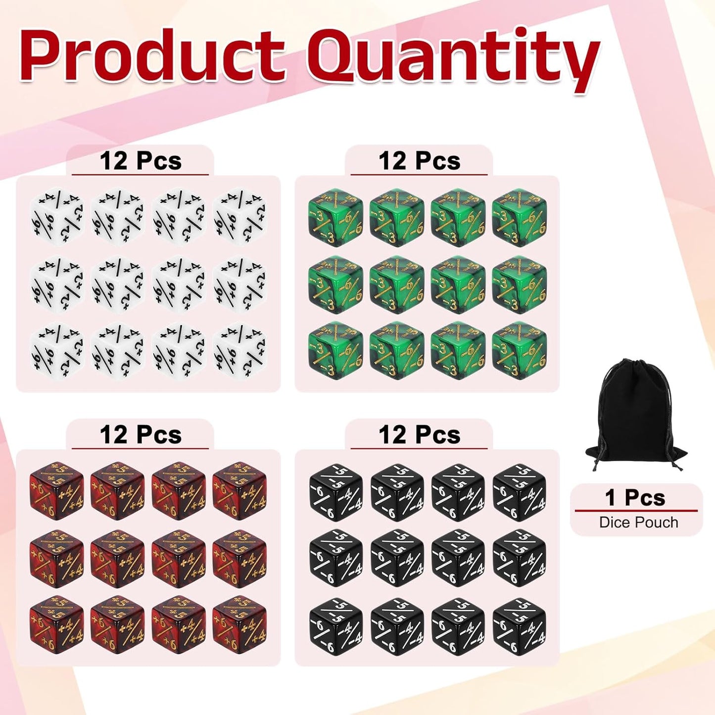 uxcell 48Pcs Magic Dice Counters, Acrylic D6 Life Token Dice Set with Pouch for Standard Cards Gaming Accessories, White, Black, Red & Black, Green & Black