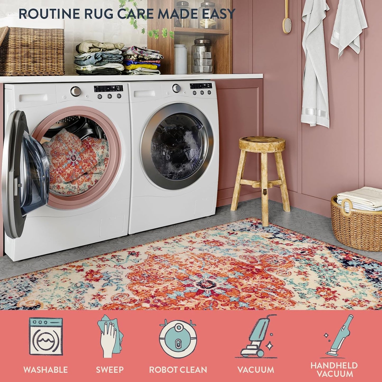 Lahome Bohemian Floral Medallion Area Rug - 3x5 Bedroom Rug Soft Throw Printed Bathroom Kitchen Entry Foyer Mat, Vintage Non-Slip Washable Carpet for Front Door Laundry Room Bath Office, Orange