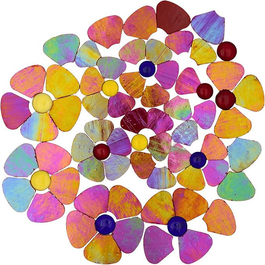 Yuvori Iridescent Flower Mosaic Tiles – 12pcs Mixed Sizes, 5-Petal Iridescent Mica Flowers with Center Beads for DIY Mosaic Art, Fairy Garden, Home Craft, Outdoor Decor (Iridescent Orange Red)
