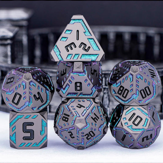 Metal DND Sci-fi Dice Set 7PCS Stripe Polyhedral Dice for Dungeons Dragons RPG Role Playing Game, Glitter D and D Dice with Gift Box D6 D8 D10 D12 D20 (Black&Green Purple)