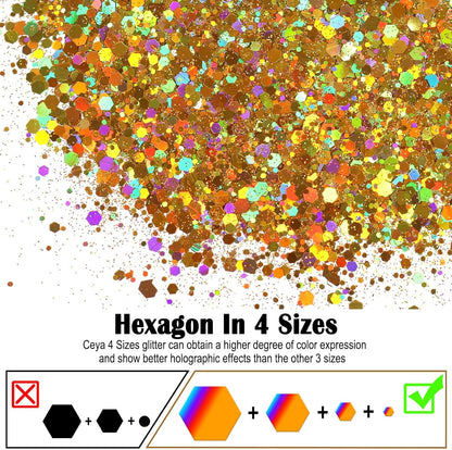Ceya Holographic Chunky Glitter, 4.9oz/ 140g Gold Craft Glitter Powder Mixed Chunky & Fine Flakes Iridescent Nail Sequins for Nail Art, Hair, Epoxy Resin, Tumblers, Slime, Painting, Festival Decor