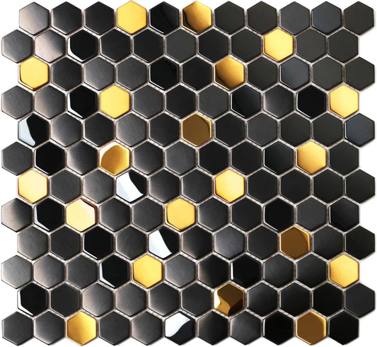 Blujellyfish Black and Gold Backsplash Wall Tiles Hexagon Mosaic Shower Floor Tile Kitchen Bathroom Tile (Box of 5 Sheets)