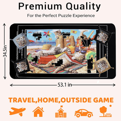 Lwoeo Jigsaw Puzzle Mat Roll Up, No Creases 53.3” x 35” Rubber Saver Pad Up to 3000 Pieces, Black Large Puzzel Matte Rollup with 6 Sorting Trays & 1 Storage Bag. Ideal for Holiday and Birthday