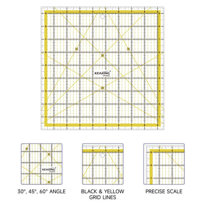 KERING Square Quilting Ruler - 9.5x9.5 inch Anti-Slip Acrylic Ruler for Patchwork Piecing, Bias Strips & Rotary Cutting, Professional Quilter's Tool with Dual-Angle Guide