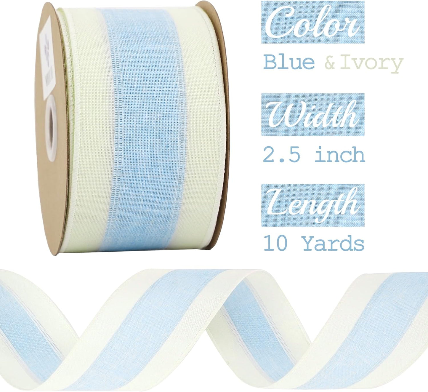 MEEDEE Blue and White Stripe Ribbon Wired Ribbon 2.5 Inch Light Blue Burlap Ribbon with Ivory Stripe Edge Wreath Supplies, Baby Shower Decorations, Crafts Bow Making (10 Yards) - Crafty Corner