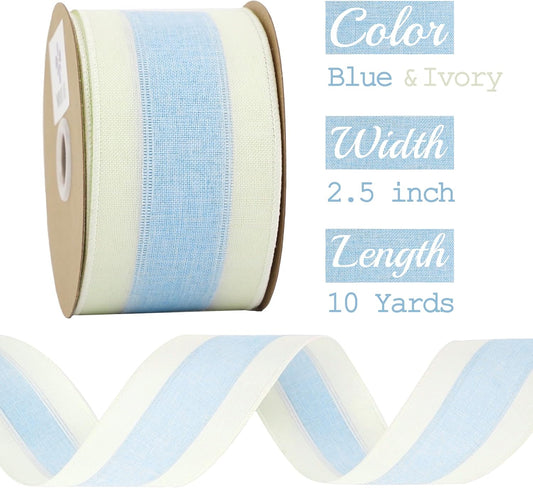MEEDEE Blue and White Stripe Ribbon Wired Ribbon 2.5 Inch Light Blue Burlap Ribbon with Ivory Stripe Edge Wreath Supplies, Baby Shower Decorations, Crafts Bow Making (10 Yards) - Crafty Corner