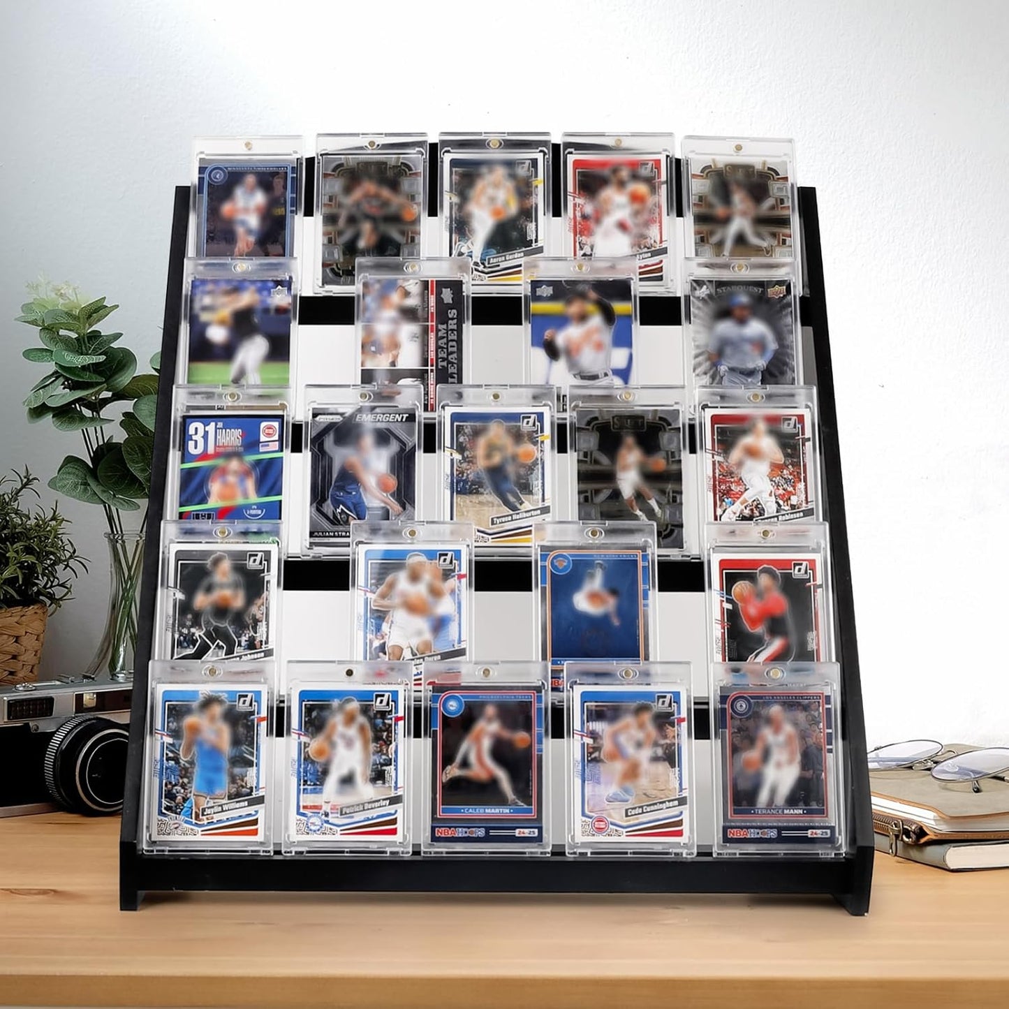 Trading Card Display Stand,5-Tier Bamboo Baseball Card Display Case, 35 pt Sports Card Display for Card Game Collection (Black)